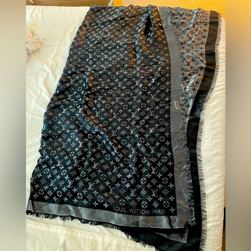 NWOT. Louis Vuitton black/metallic silk scarf/shawl. Comes with box. Never worn
